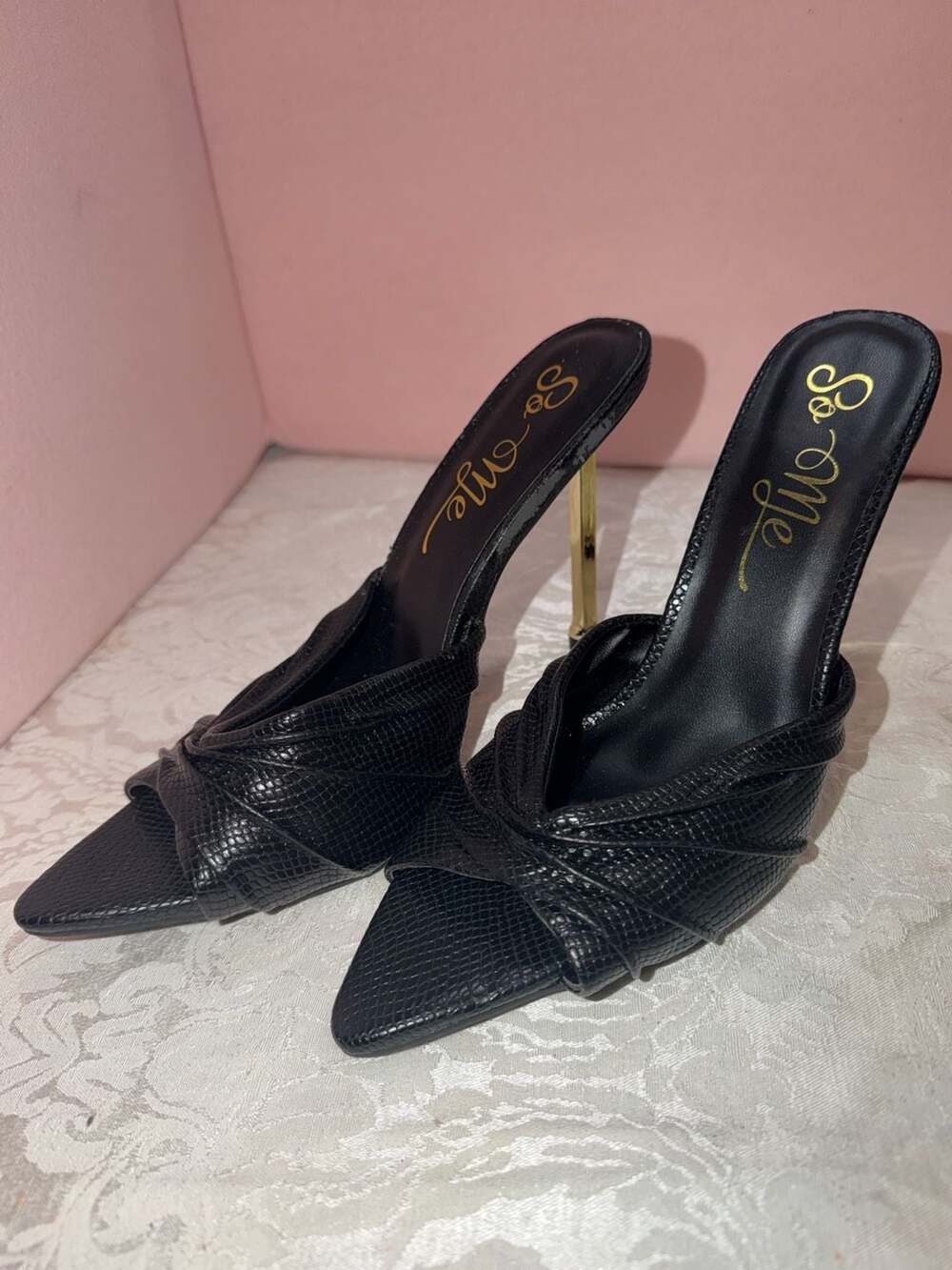 So Me Black Snake Print Knotted High Heel Mules